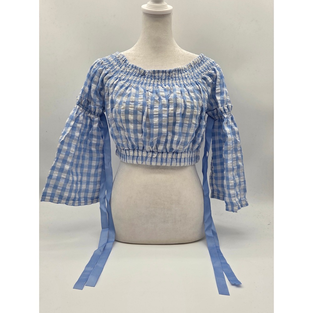 Poof New York Blue White Gingham Crop Top Bell Sleeve Small NWT 101-683